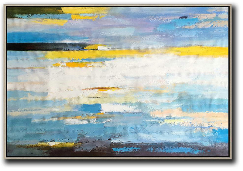Extra Large Painting,Horizontal Abstract Landscape Art,Large Wall Canvas,White,Yellow,Blue,Purple,Black.etc